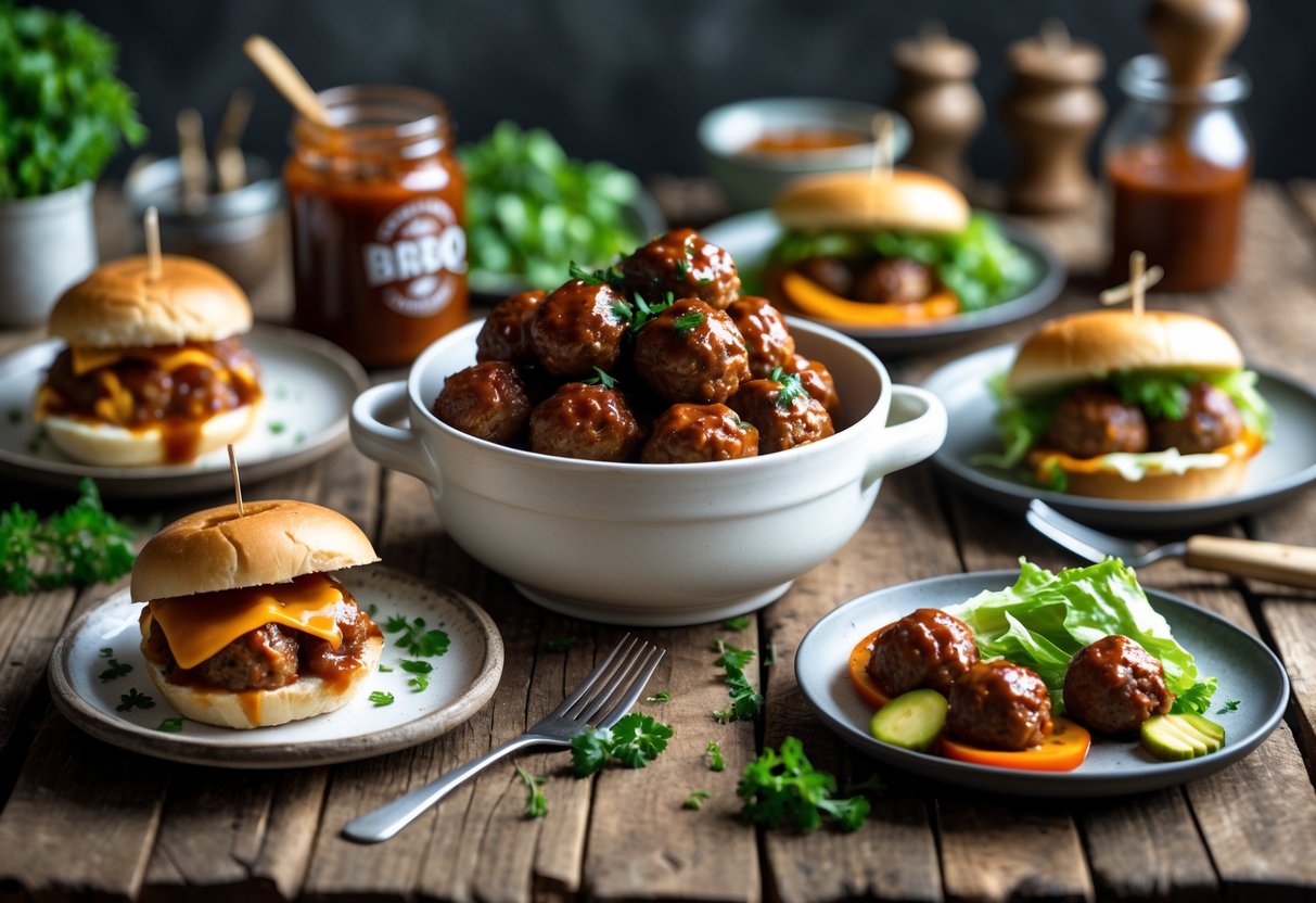 A wooden table with a bowl of BBQ meatballs and various dishes made from leftover meatballs including a sandwich, salad, and sliders.