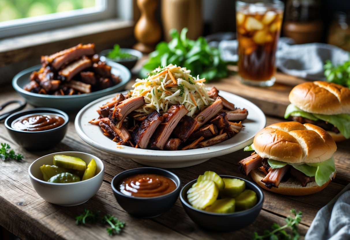 A plate of shredded BBQ rib meat mixed with coleslaw on a wooden table, surrounded by bowls of barbecue sauce and a pulled rib sandwich with lettuce.