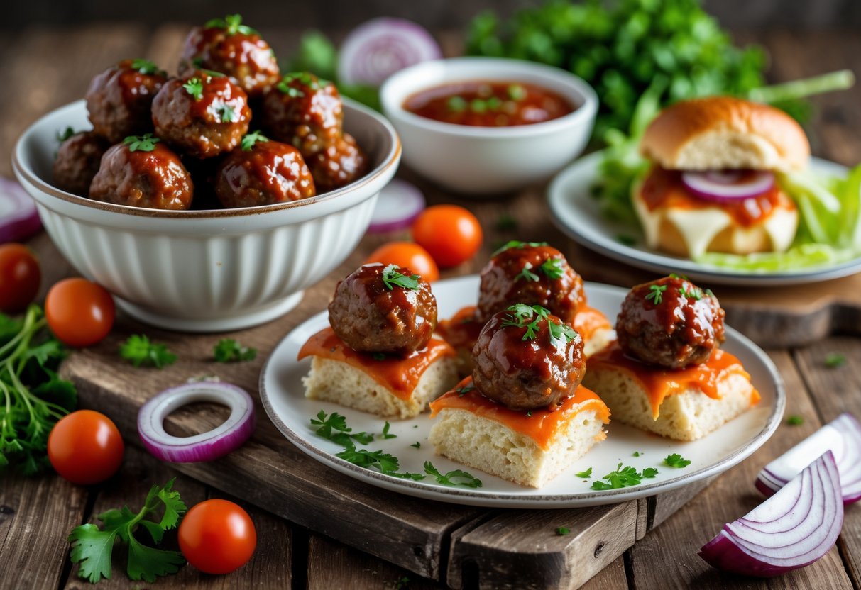 A table with bowls and plates of BBQ meatballs, sliders, dipping sauce, and fresh garnishes.