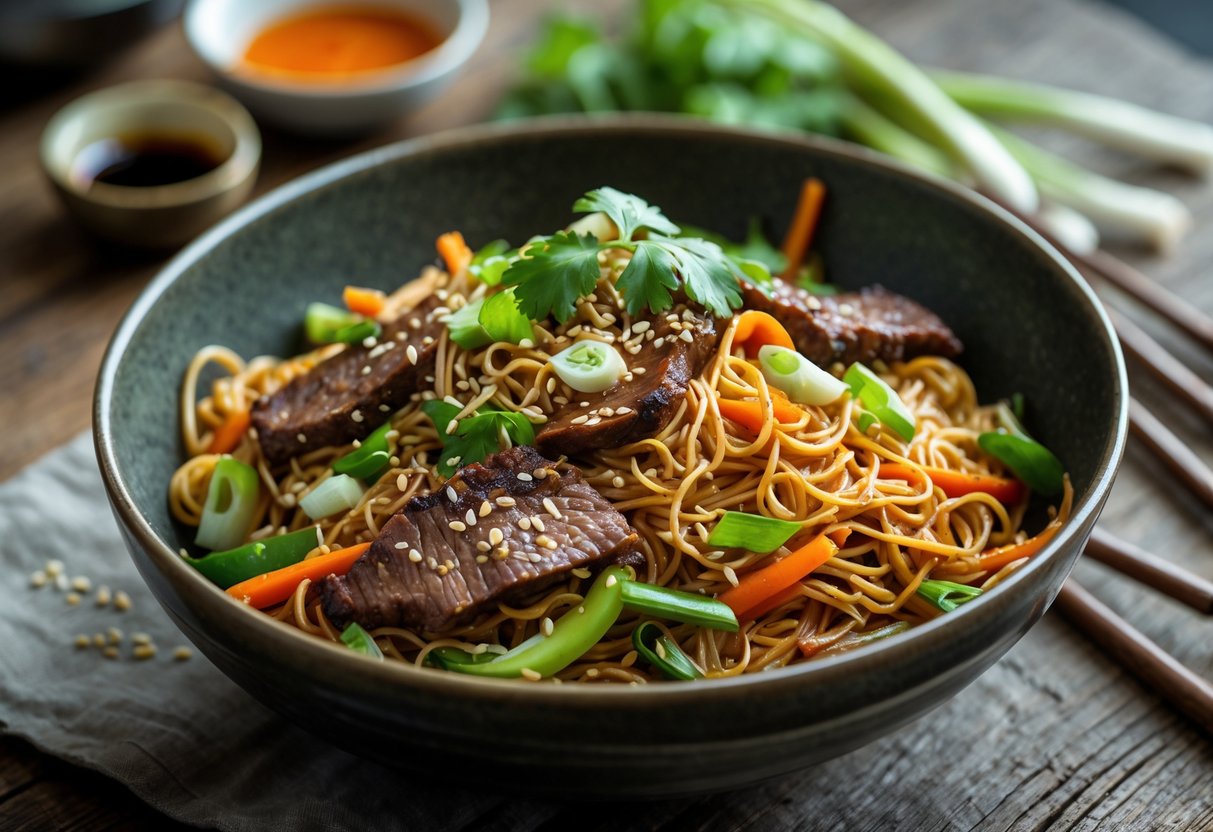 A bowl of Mongolian BBQ noodles with grilled beef, colorful vegetables, and garnishes on a wooden table.