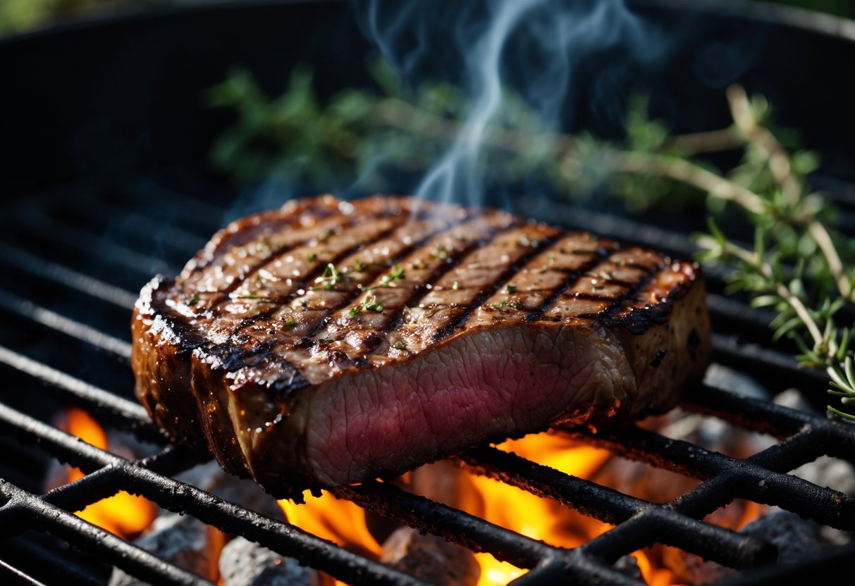 A juicy ribeye steak cooking on a barbecue grill with grill marks and smoke rising.