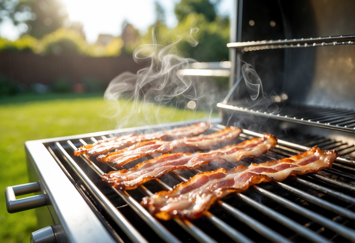 Close-up of crispy bacon strips cooking on an outdoor grill in a backyard.