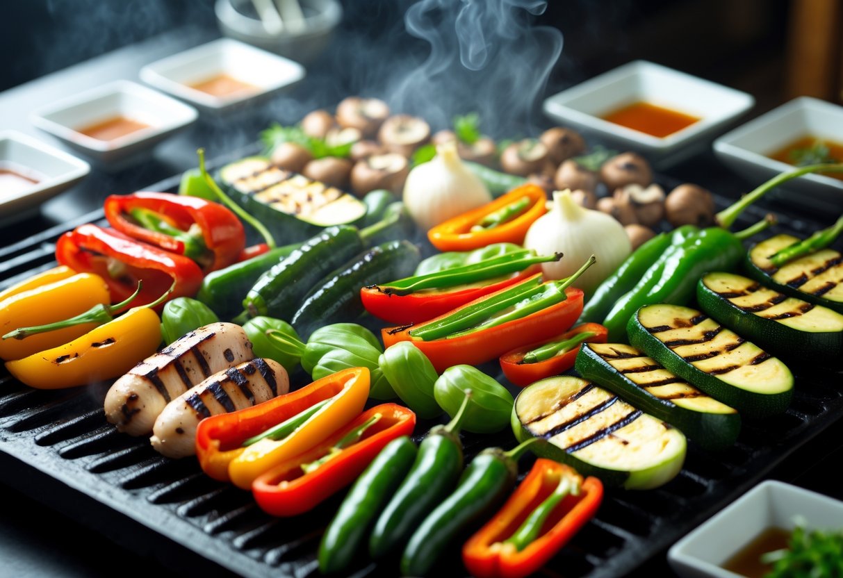 Grilled Korean BBQ vegetables including bell peppers, zucchini, mushrooms, and onions cooking on a grill with dipping sauces on the table.