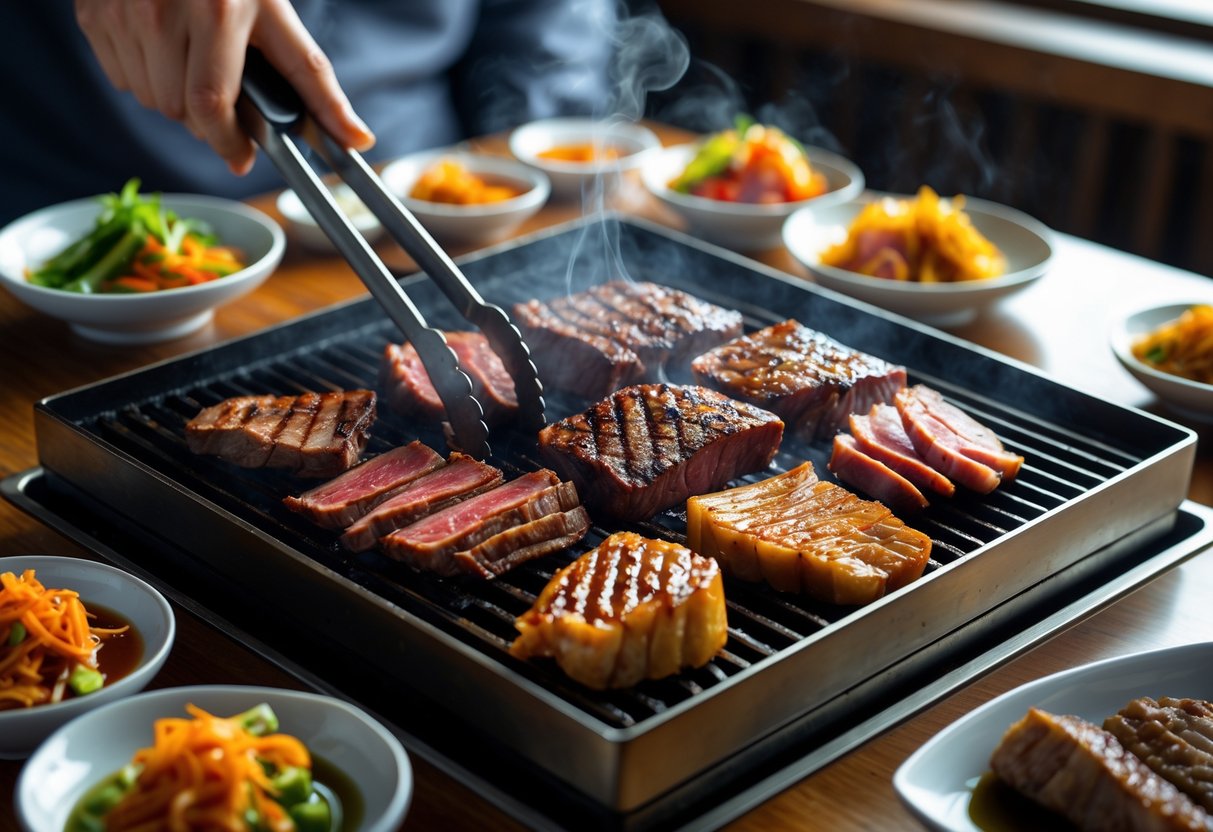 Close-up of a Korean BBQ grill with marinated meats cooking, surrounded by small dishes of side dishes on a wooden table.