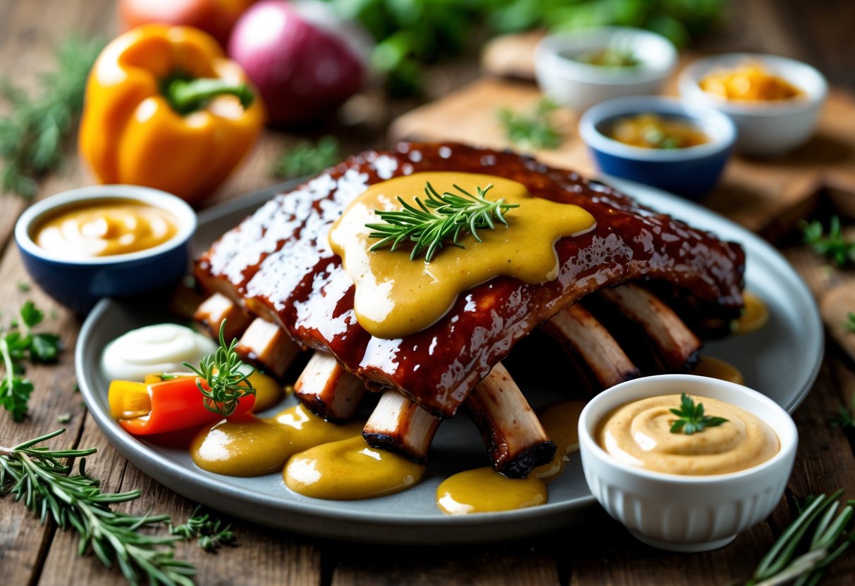 Plate of ribs coated with a mustard-based sauce surrounded by small bowls of alternative sauces on a wooden table.