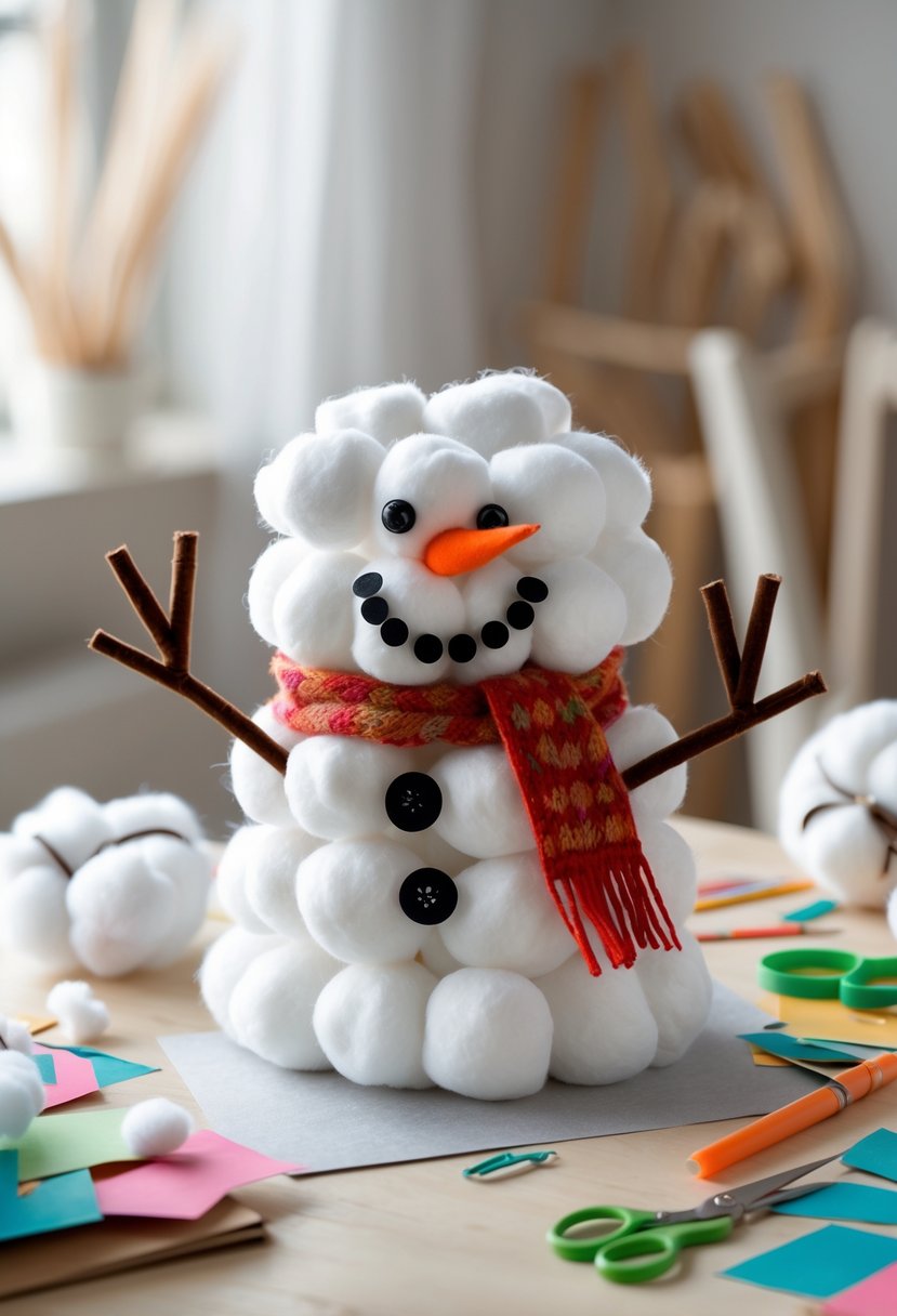 A cotton ball snowman craft on a table surrounded by crafting materials like cotton balls, paper cutouts, scissors, and glue.