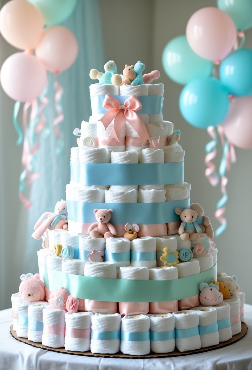 A multi-tiered diaper cake decorated with pastel ribbons and baby toys, displayed on a table with baby shower decorations in the background.