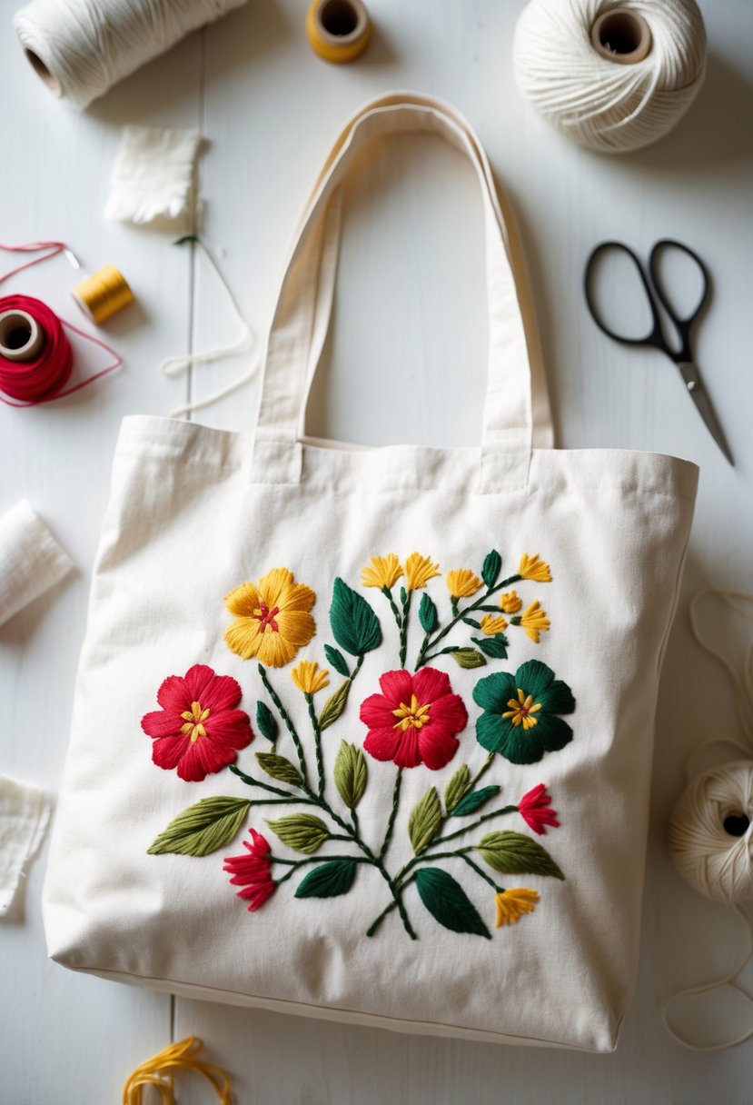 Embroidered cotton tote bag on a wooden surface surrounded by sewing supplies and fabric scraps.