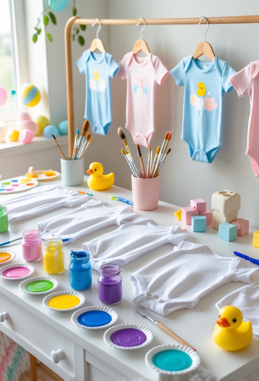 A baby shower craft table with white onesies, colorful fabric paints, paintbrushes, and decorated onesies displayed.