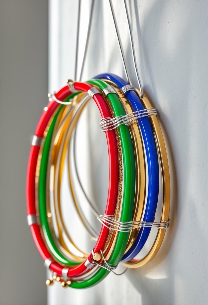 Colorful bangles bound together with wire forming a decorative wall hanging displayed on a plain background.