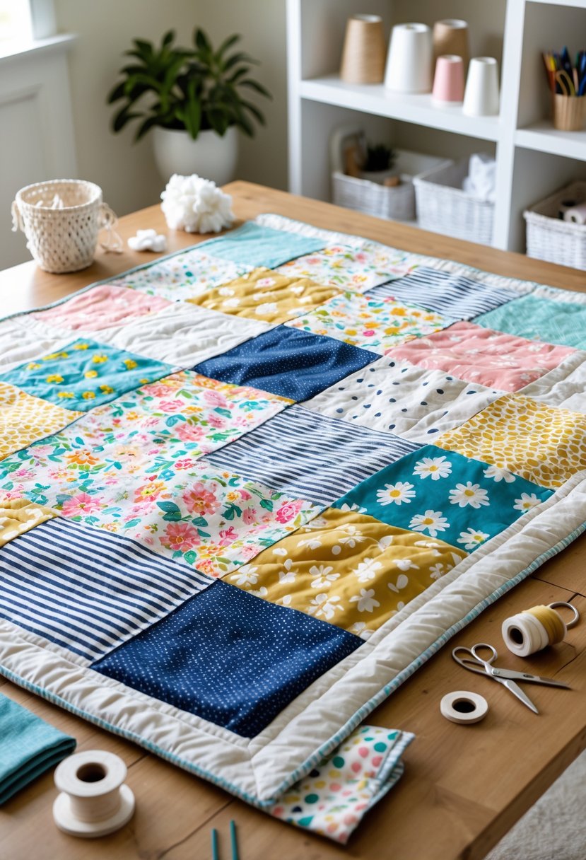 A colorful cotton patchwork quilt laid out on a wooden table surrounded by sewing supplies in a bright craft room.