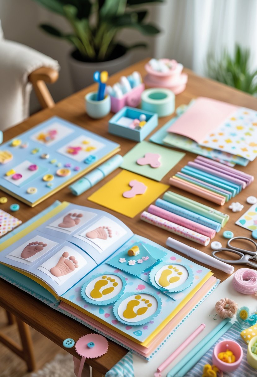 A personalized baby book open on a table surrounded by baby shower craft supplies including markers, ribbons, and decorative items.
