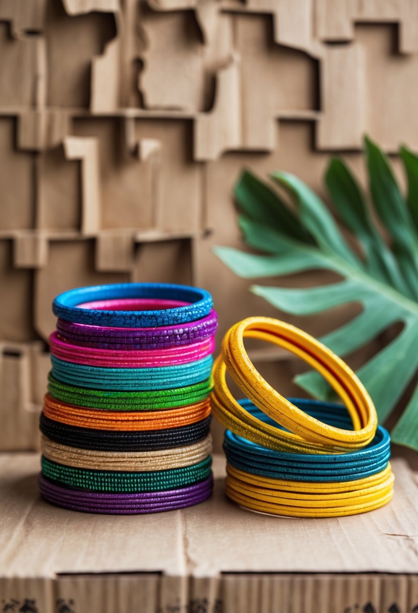 Stacked colorful bangles arranged on a patterned cardboard background.