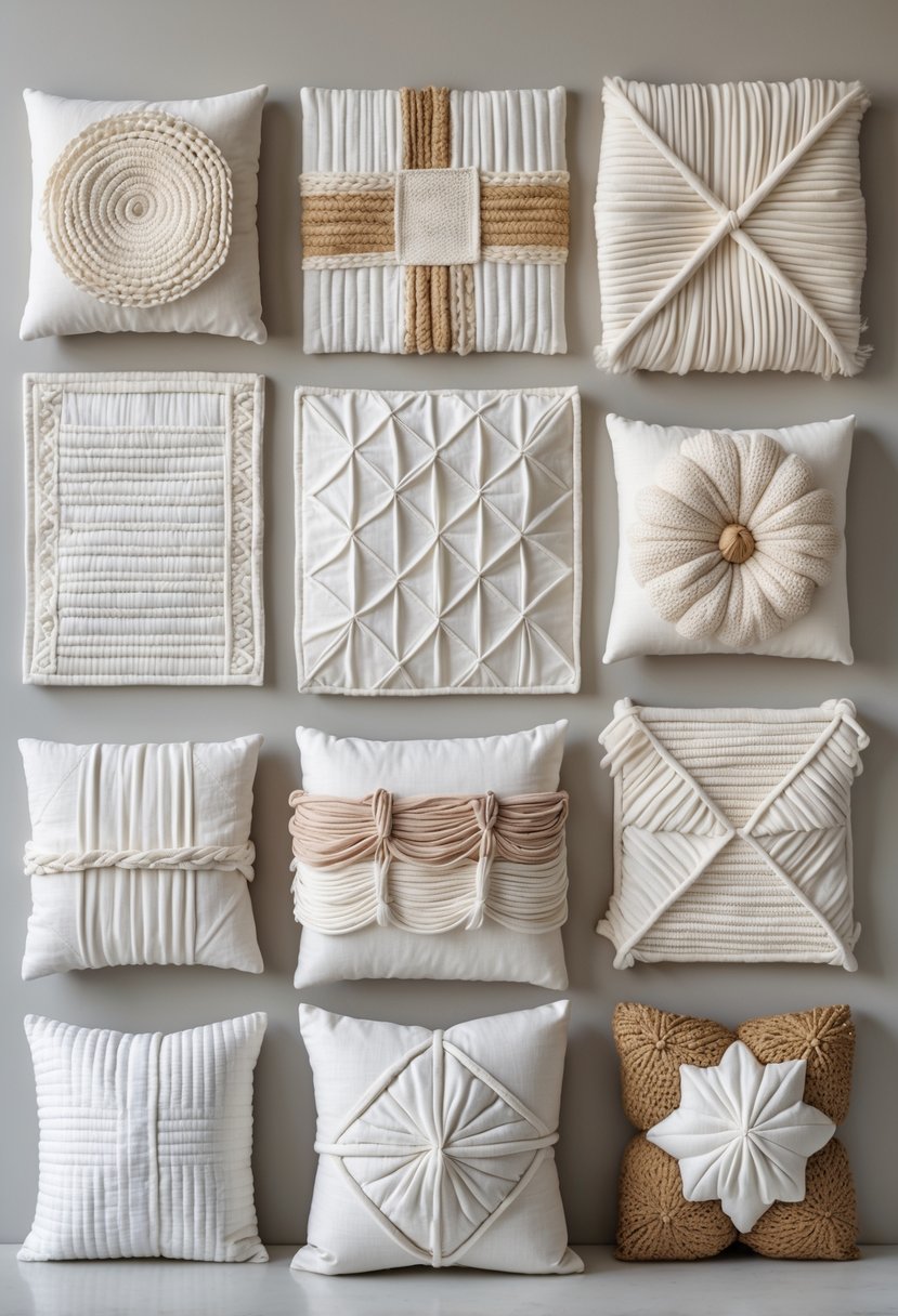 A collection of handcrafted cotton fabric wall art pieces arranged on a neutral background, showing various textures and patterns made from cotton fabric.
