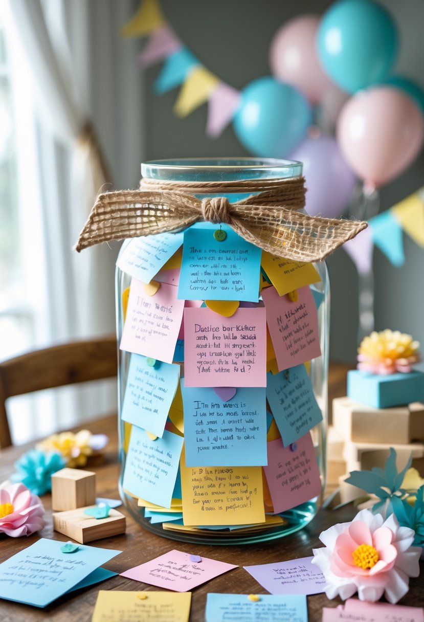 A clear glass jar filled with colorful handwritten notes surrounded by baby shower craft decorations on a wooden table.