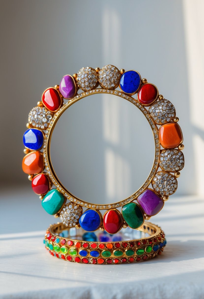 A circular photo frame made from decorated bangles with colorful stones and paint on a plain background.