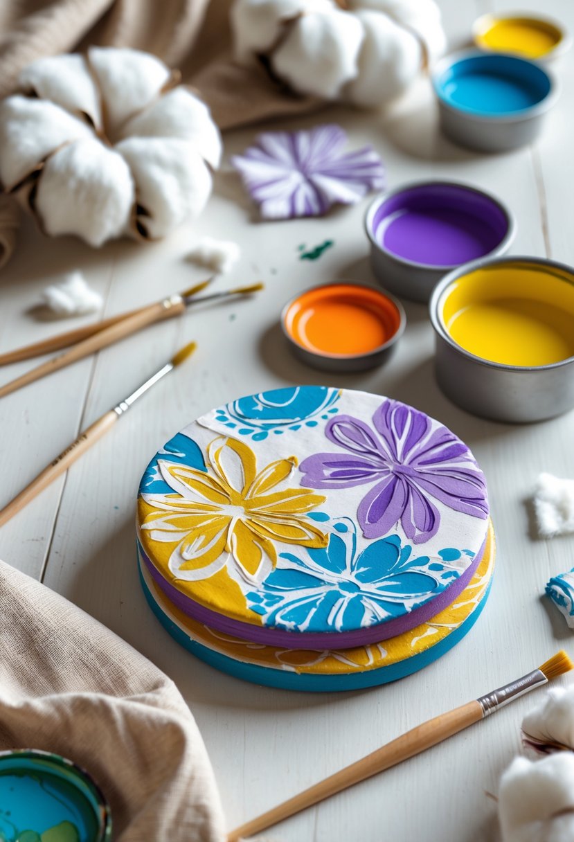 A set of colorful painted cotton fabric coasters arranged on a wooden surface with paintbrushes, paint pots, and fabric scraps nearby.