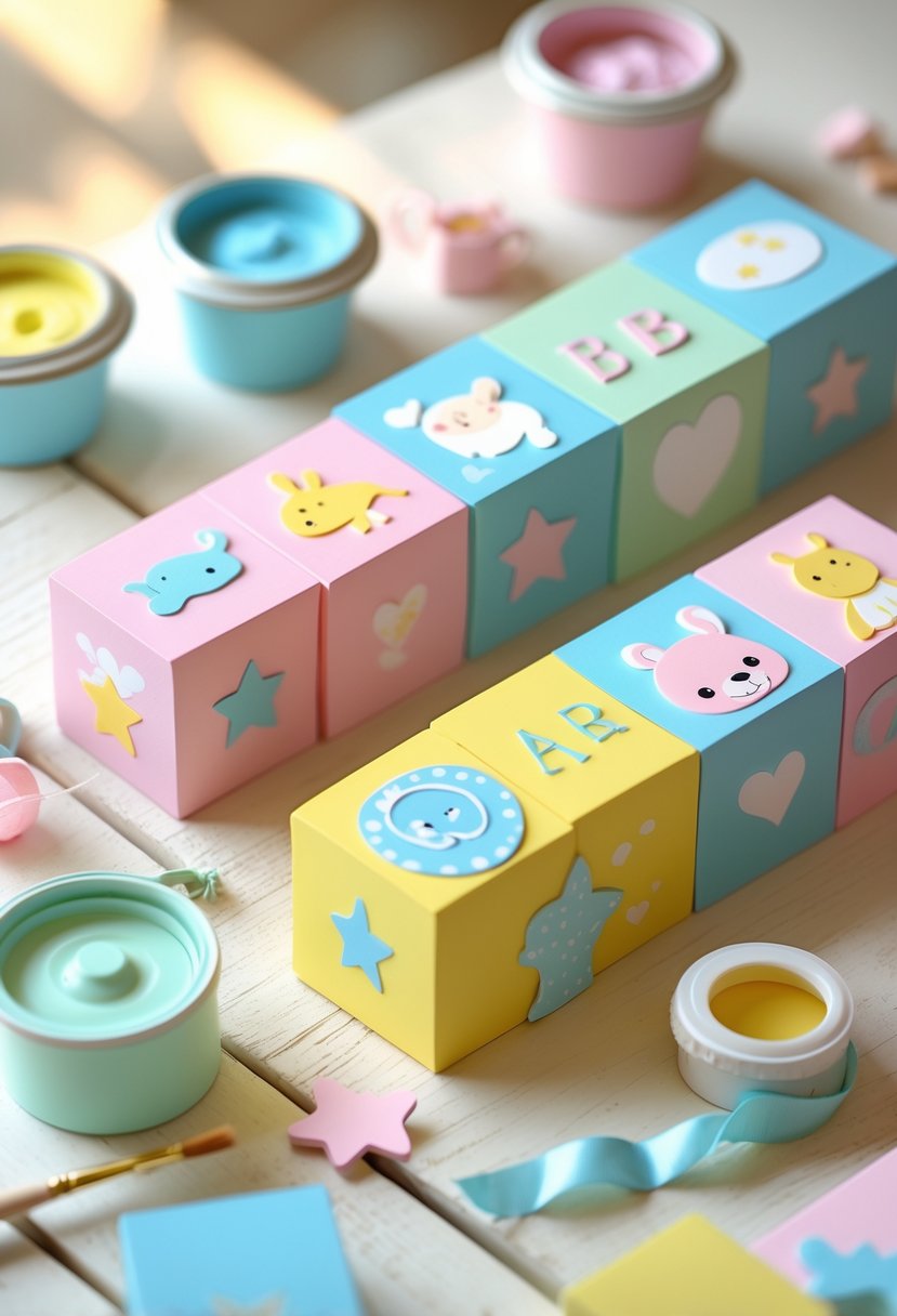 A set of pastel-colored custom-painted baby blocks arranged on a wooden surface with craft supplies nearby.