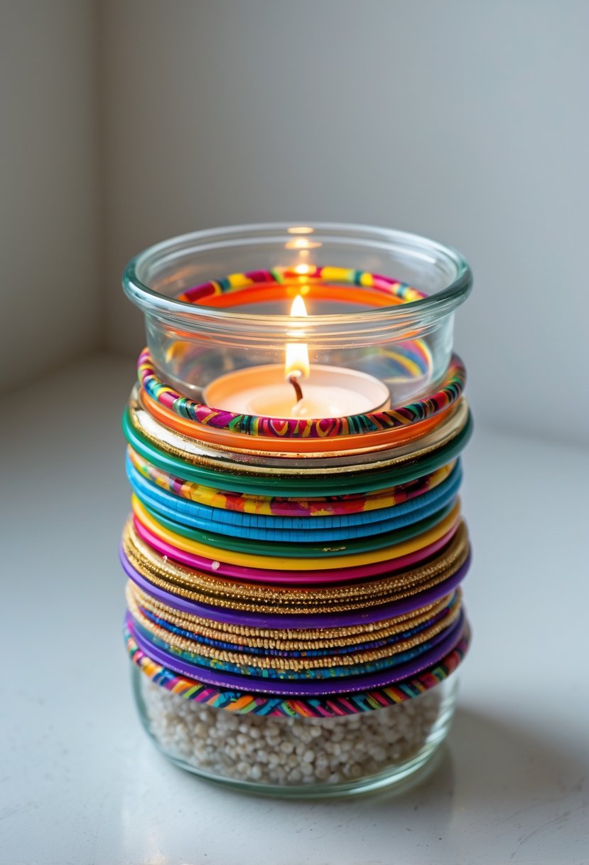 A glass jar candle holder decorated with colorful bangles stacked around its neck and a lit candle inside.