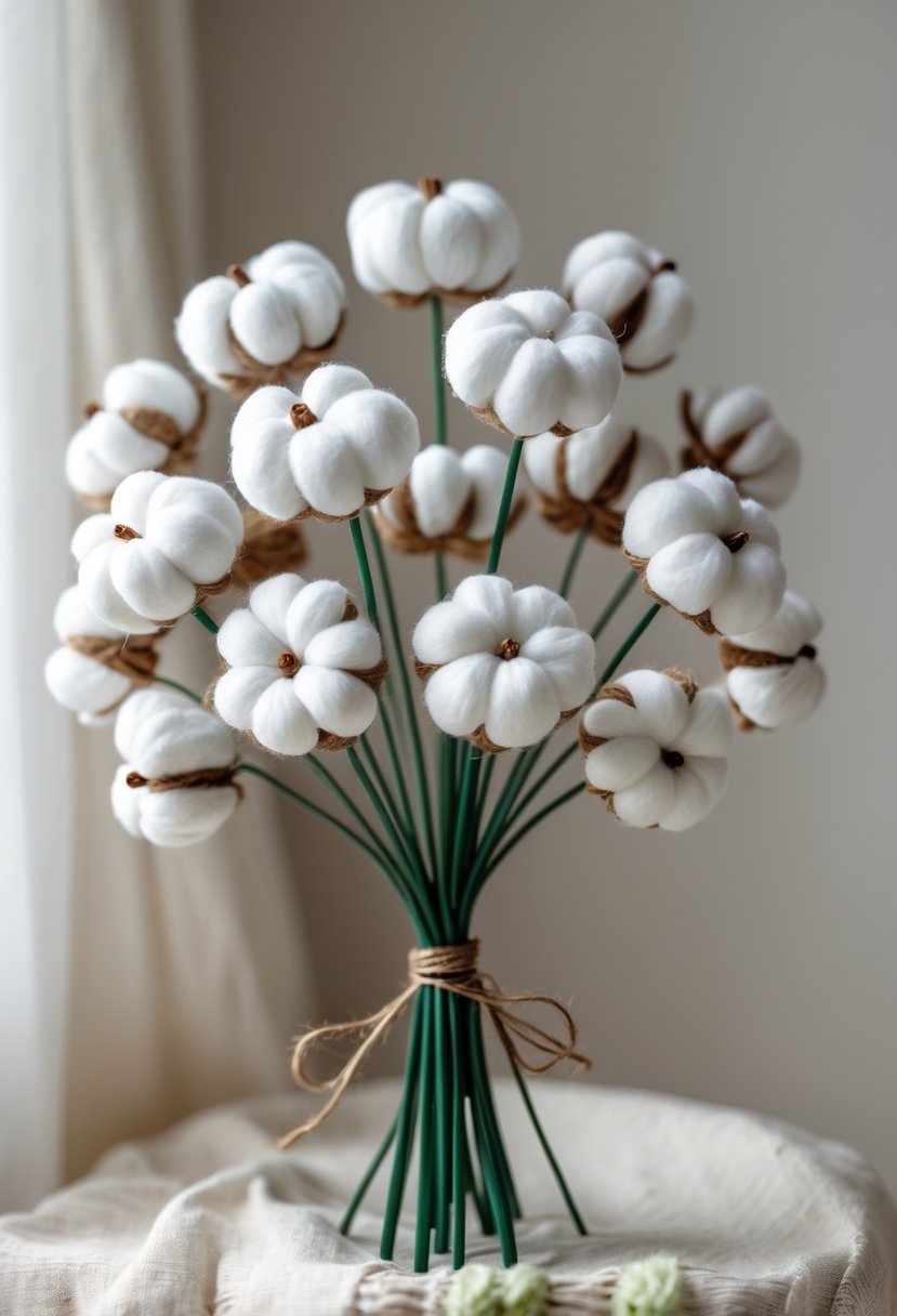 A bouquet of 15 cotton ball flowers with green stems arranged together against a plain background.