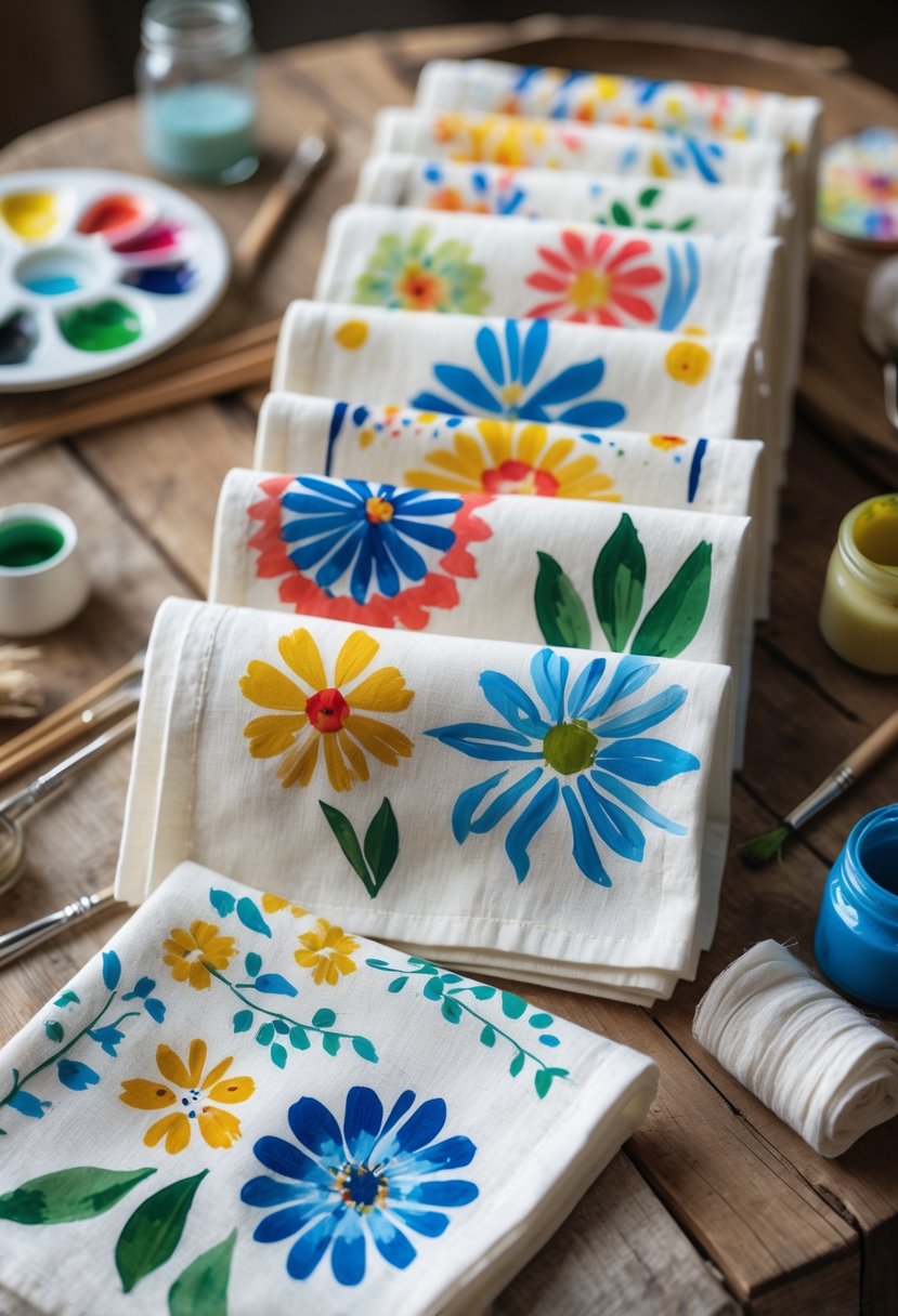A set of colorful hand-painted cotton napkins arranged on a wooden table with paintbrushes and jars of fabric paint nearby.