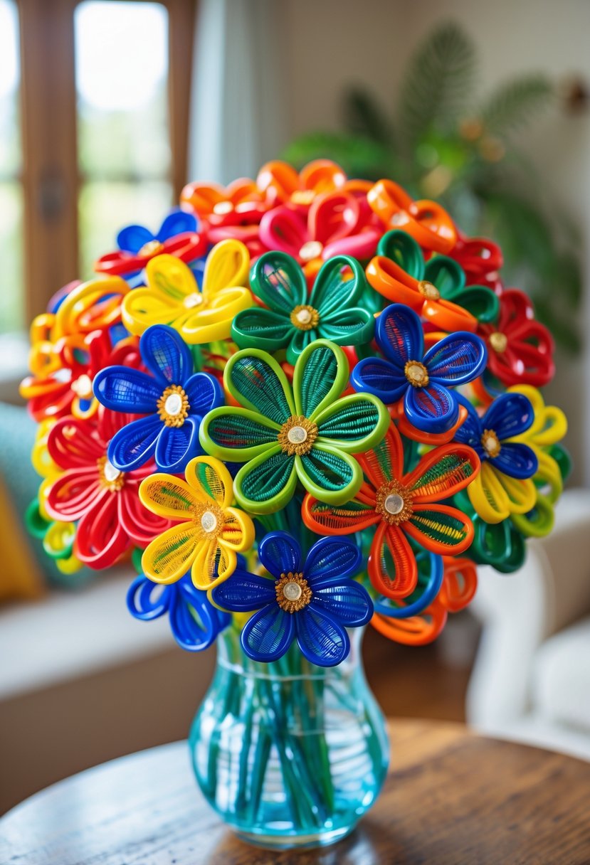 A colorful bouquet of flowers made from bangles arranged in a glass vase on a wooden table indoors.