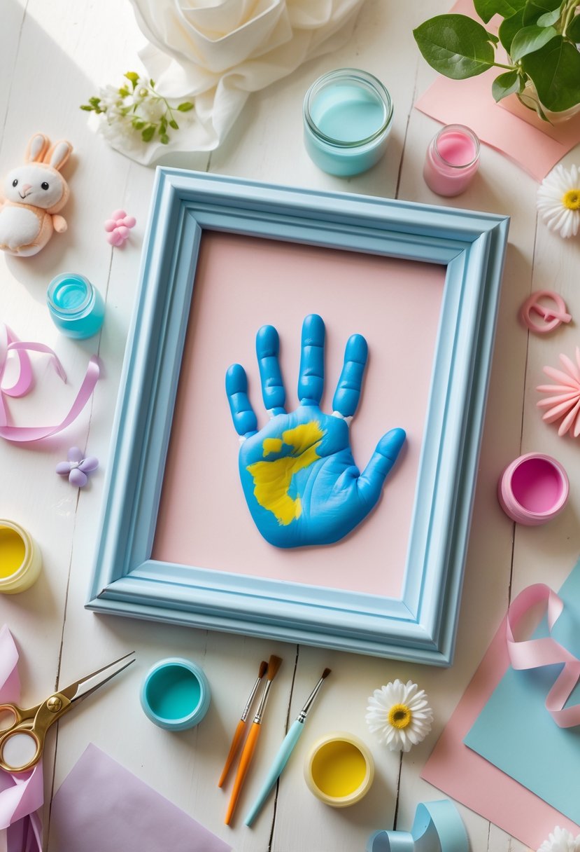 A handprint keepsake frame on a wooden table surrounded by baby shower craft supplies and decorations.