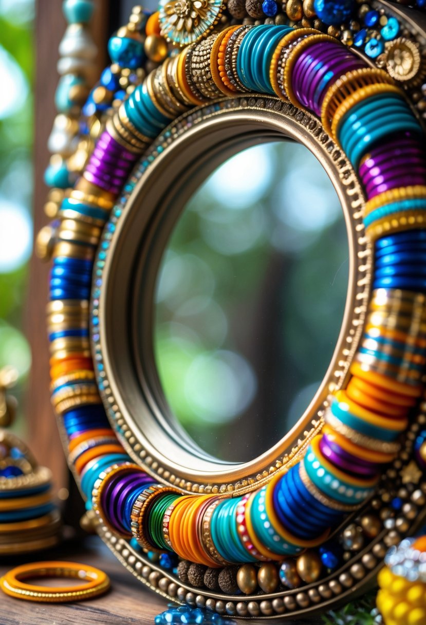 Close-up of a circular mirror frame decorated with colorful bangles and intricate embellishments.