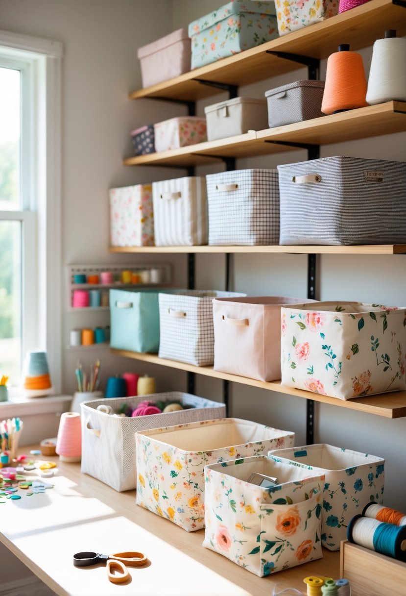 A collection of cotton fabric covered storage bins with various patterns on wooden shelves in a craft room with craft supplies nearby.