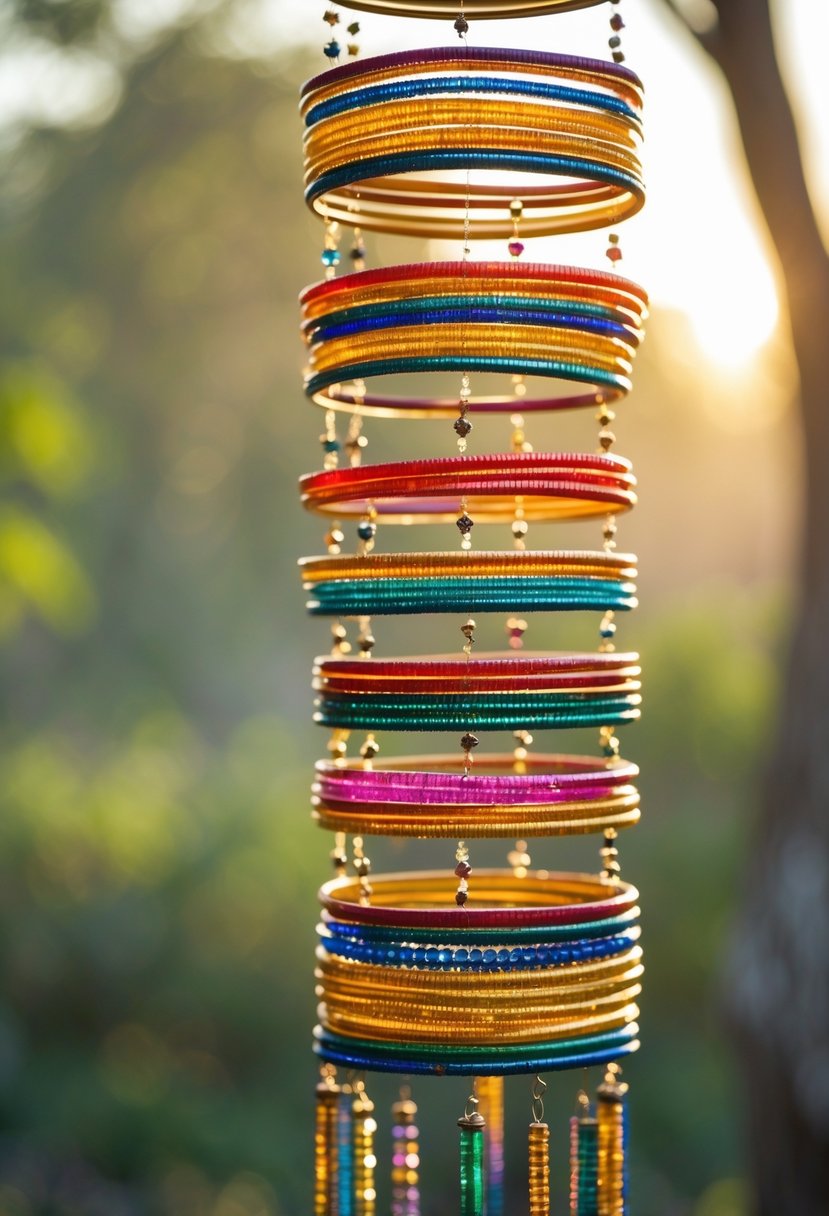 Hanging wind chimes made from colorful bangles and beads, gently swaying outdoors.