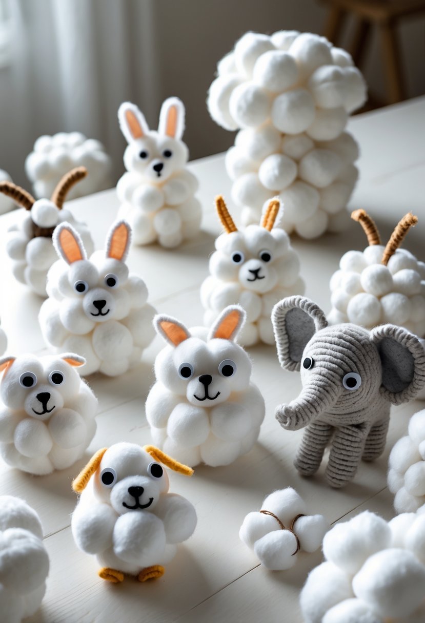 Fifteen small animal figures made from white cotton balls arranged on a wooden surface.