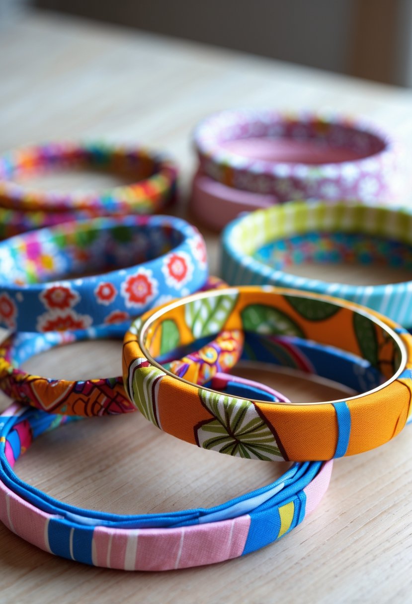 Close-up of colorful fabric-wrapped bangle coasters arranged on a wooden surface.