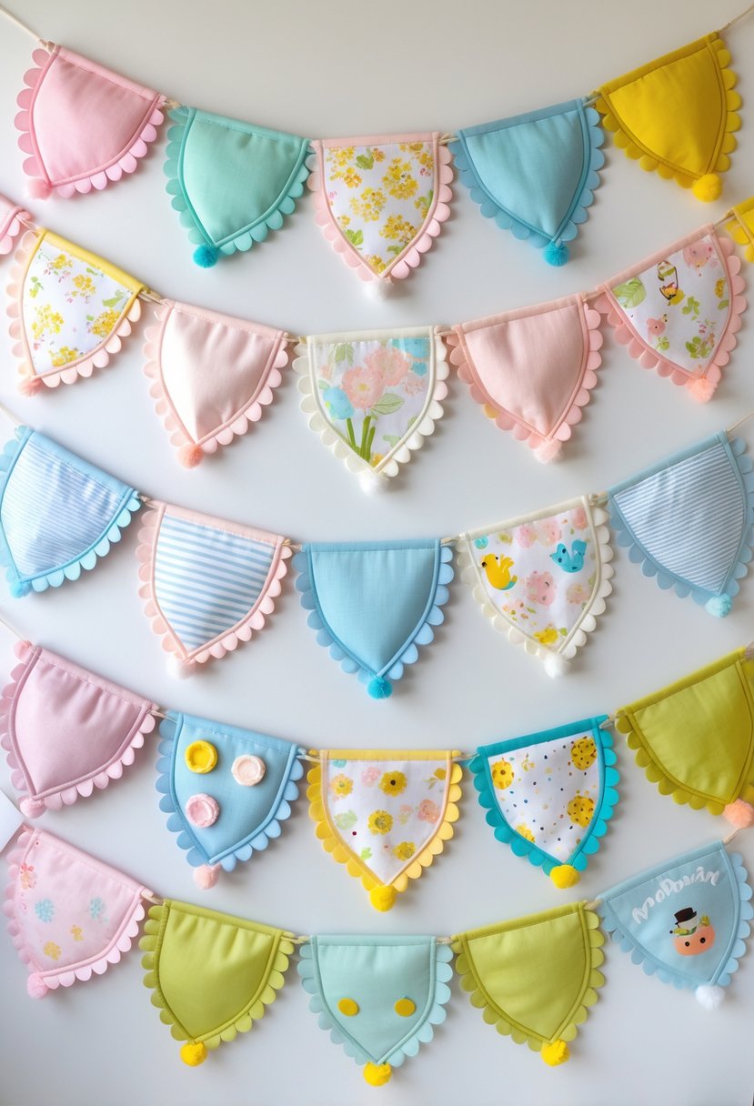 A display of 15 colorful fabric bunting banners with various patterns and decorative details hanging against a plain background.