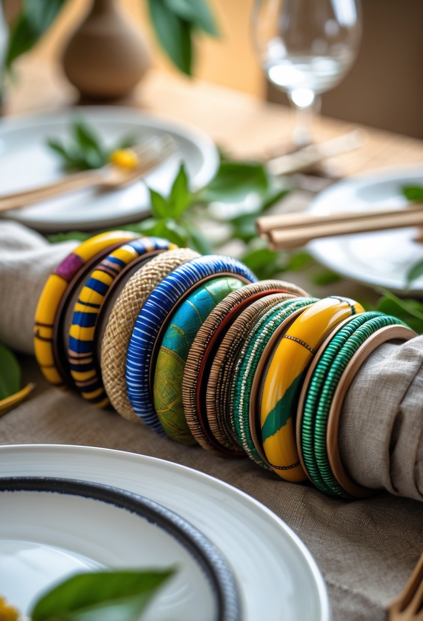 A dining table with colorful recycled bangle napkin rings holding cloth napkins on plates surrounded by natural table decor.