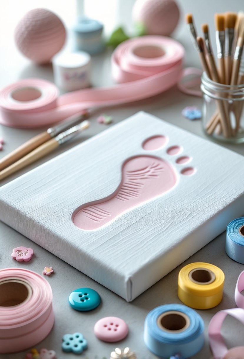 A baby footprint painted on a white canvas surrounded by craft supplies like paintbrushes and colorful paints on a table.
