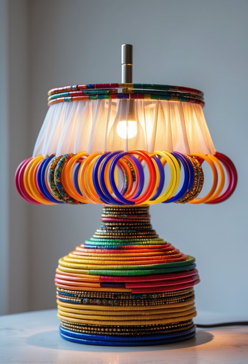 A decorative lampshade made from translucent fabric and colorful repurposed bangles glowing softly against a plain background.