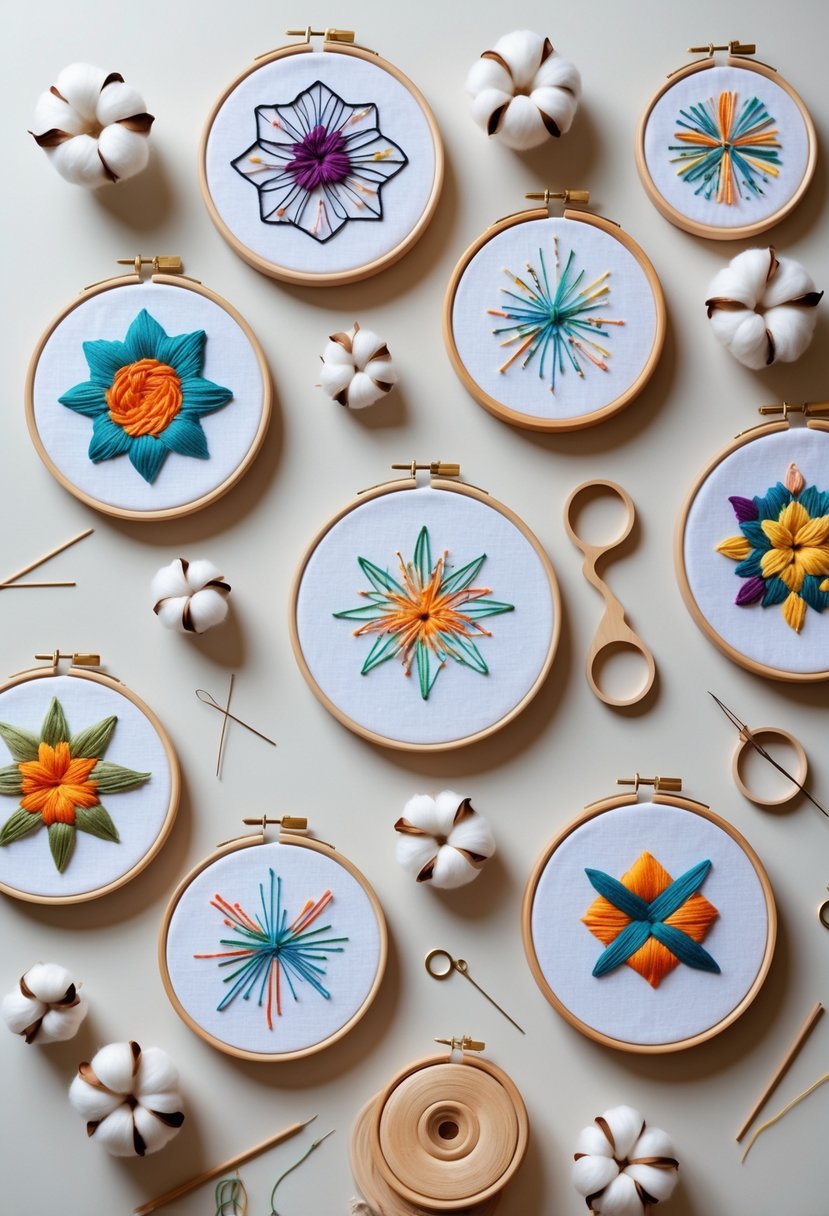 A collection of 15 cotton embroidery hoops with colorful stitched designs arranged alongside cotton bolls and embroidery tools on a neutral background.