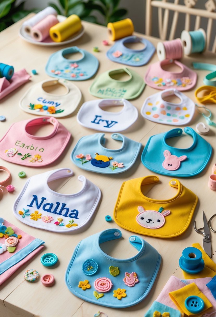 A collection of handmade baby bibs with various colorful designs arranged on a table with sewing and crafting supplies.