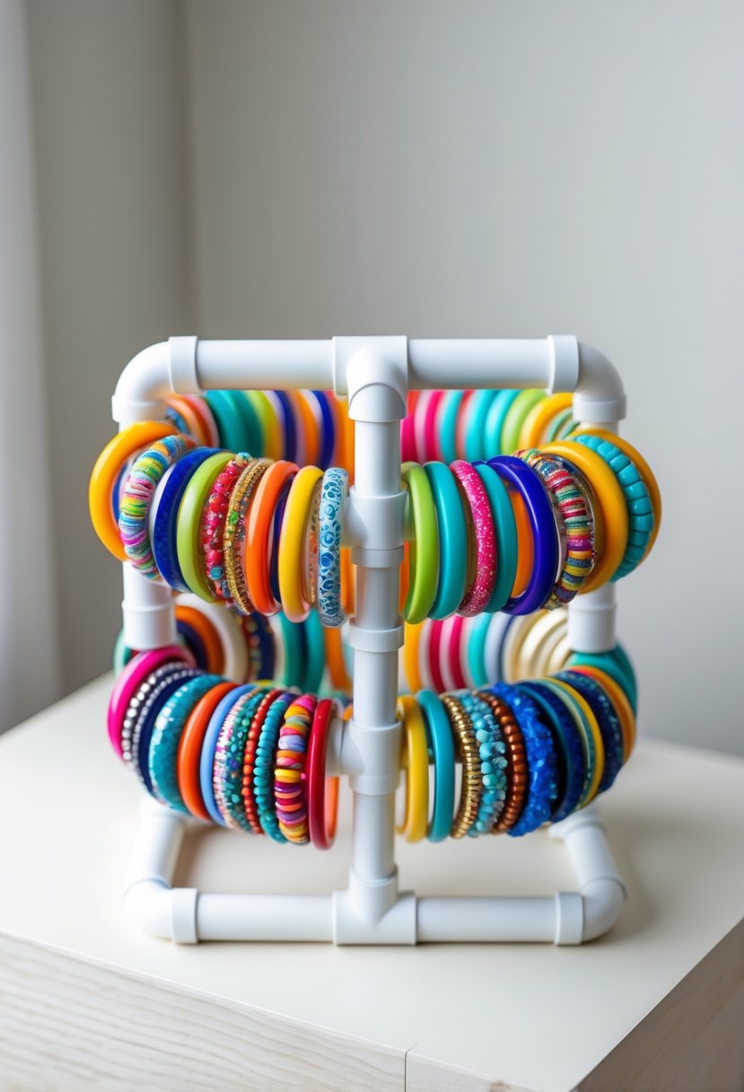 A handmade bangle bracelet stand made from white PVC pipes holding colorful bangles on a wooden surface.