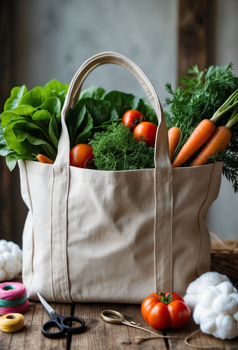 A cotton canvas market bag filled with fresh vegetables placed on a wooden table alongside cotton craft materials.