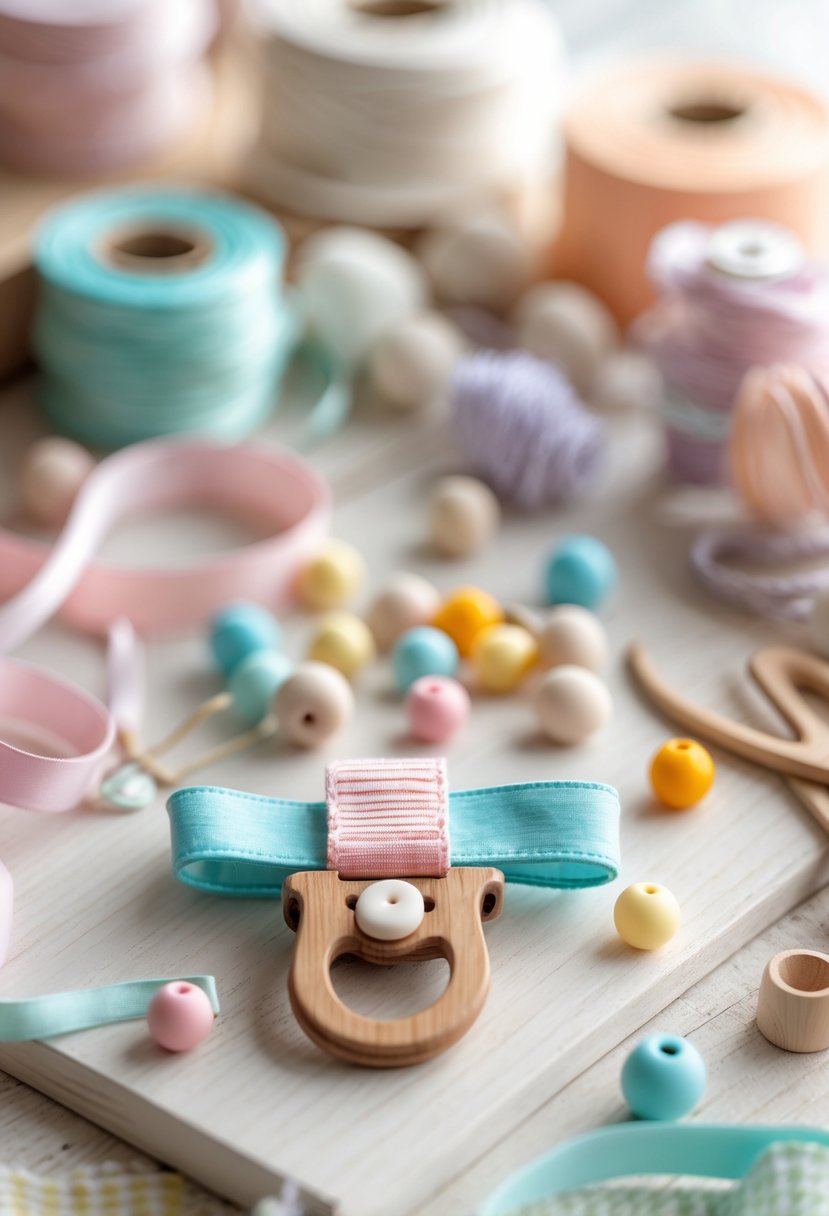Close-up of a handmade pacifier clip surrounded by crafting supplies on a wooden table.