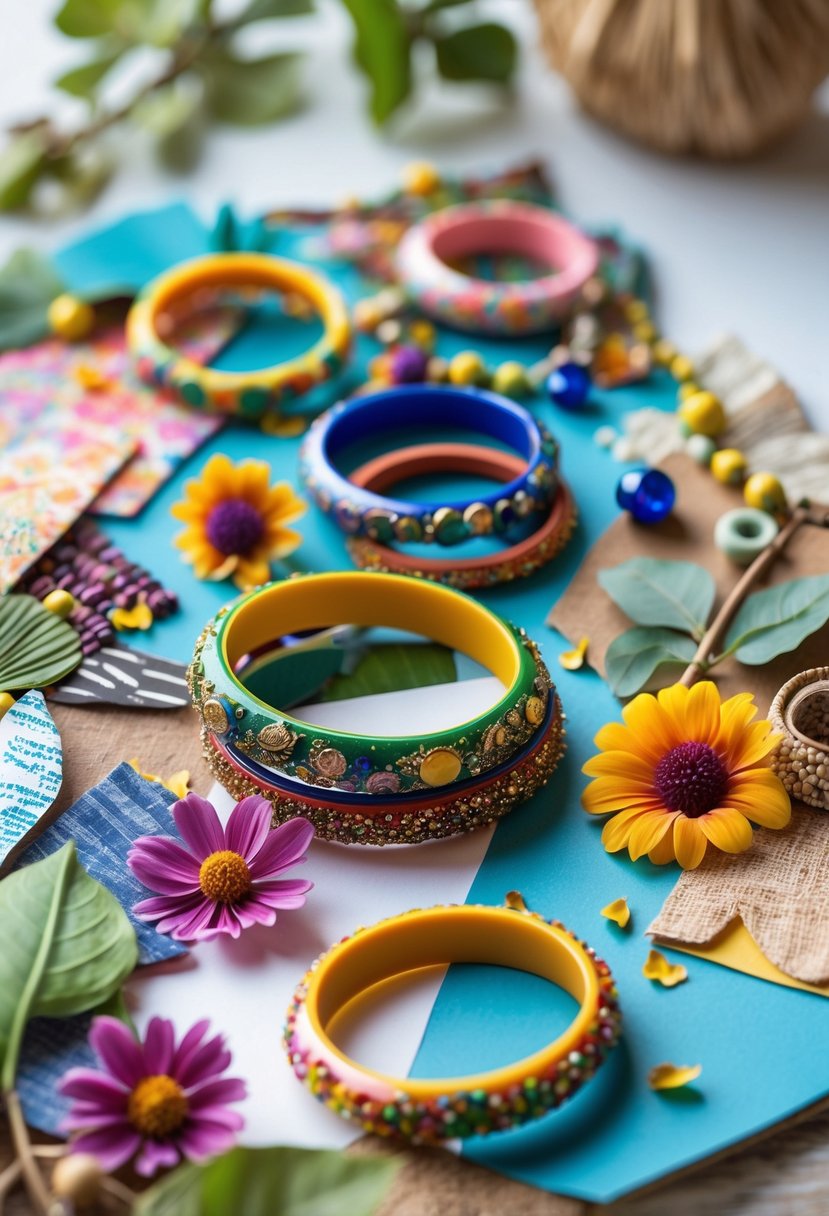 A colorful collage made from broken bangles and various craft materials arranged artistically on a flat surface.