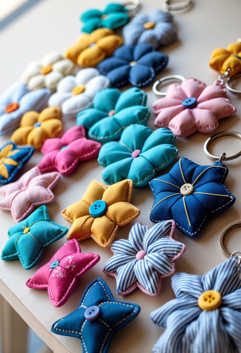 A collection of colorful cotton fabric keychains in various shapes arranged on a wooden surface.