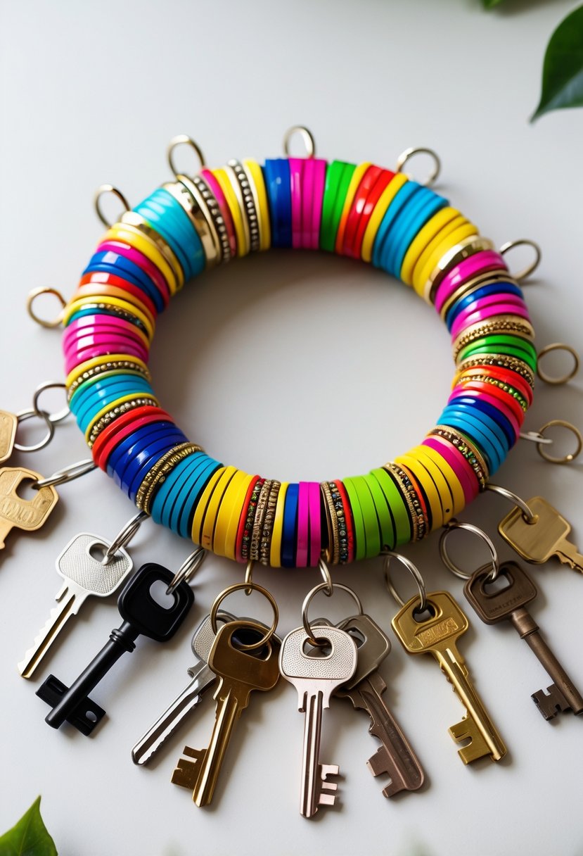 Colorful bangle circle with metal hooks attached, holding several keys on a neutral background.