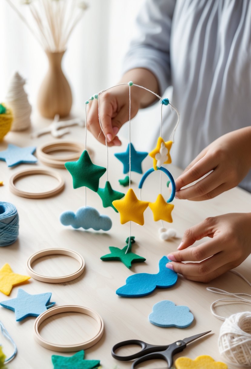 Hands assembling a colorful baby mobile on a table with craft supplies.