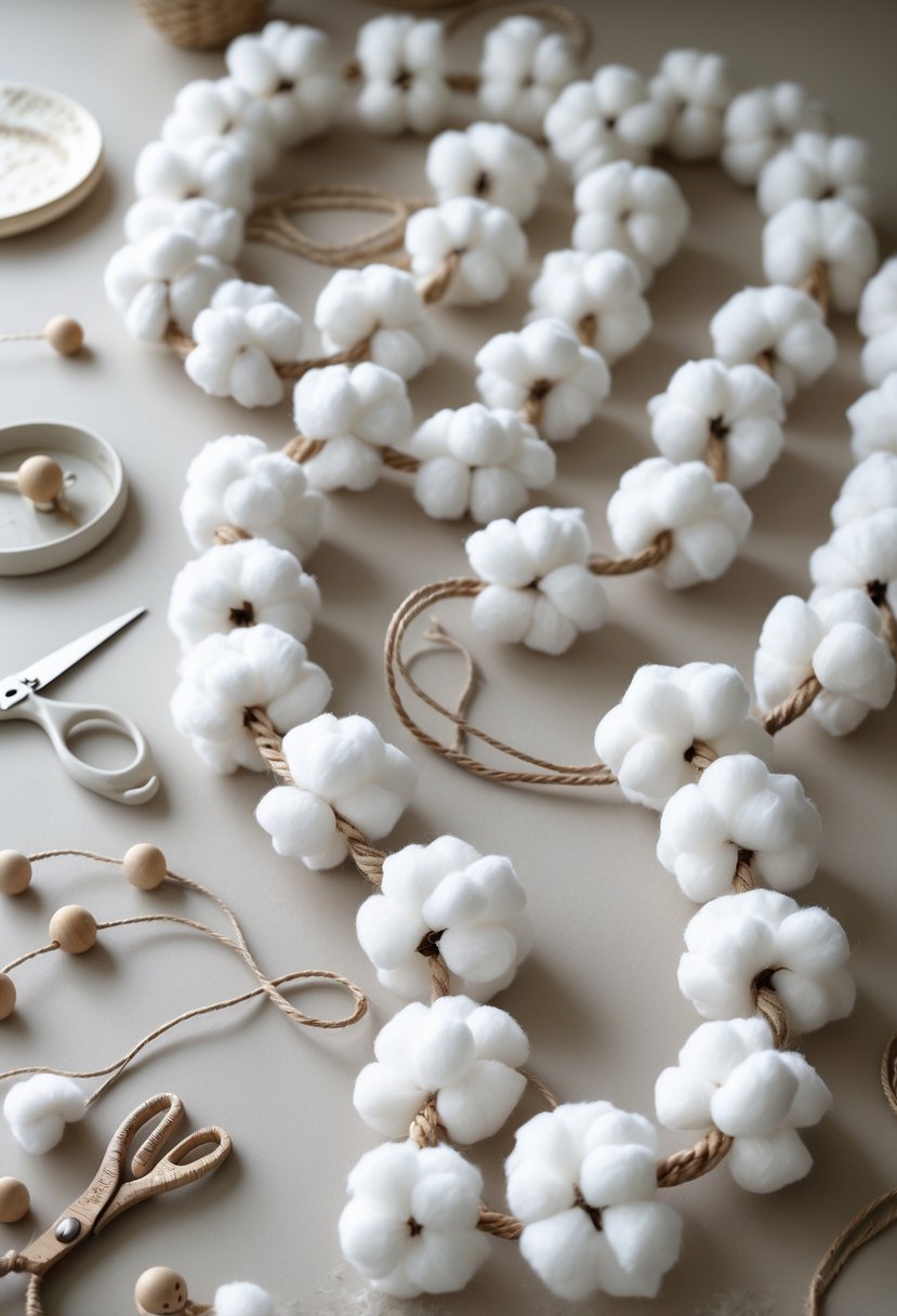 A cotton ball garland hanging against a neutral background with craft supplies nearby.