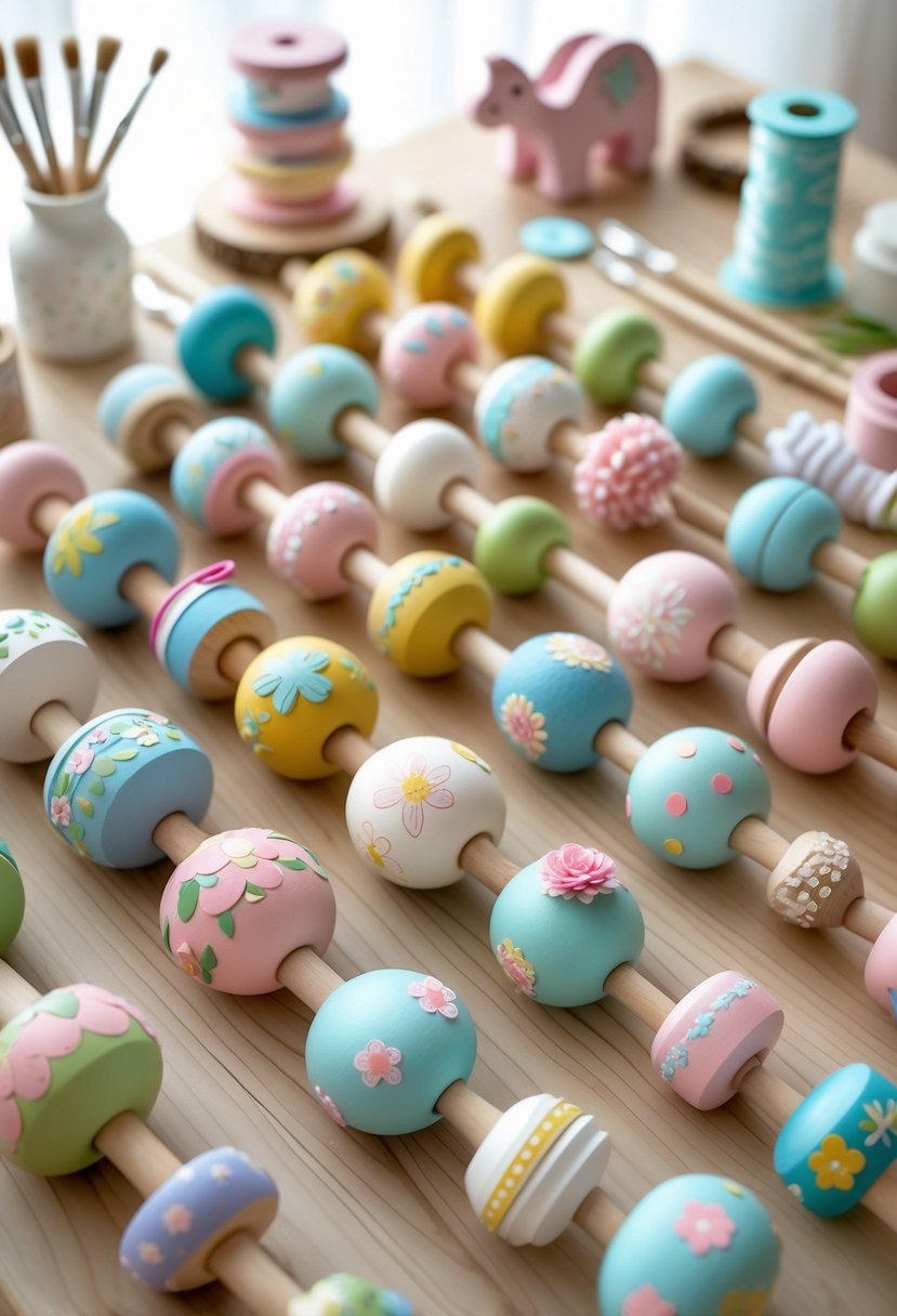 A collection of 15 decorated wooden baby rattles arranged on a wooden surface with craft supplies and baby shower items around them.