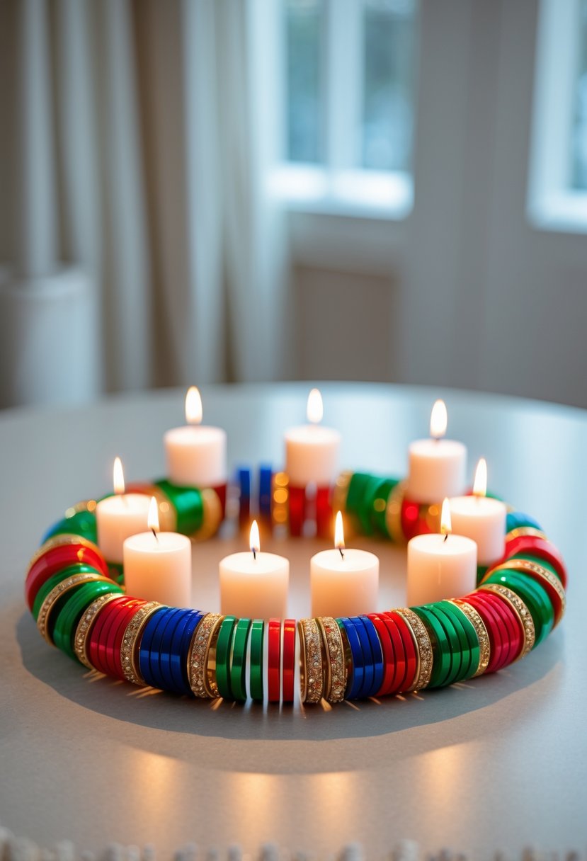 A colorful circular table centerpiece made of glued bangles with lit candles placed on top.