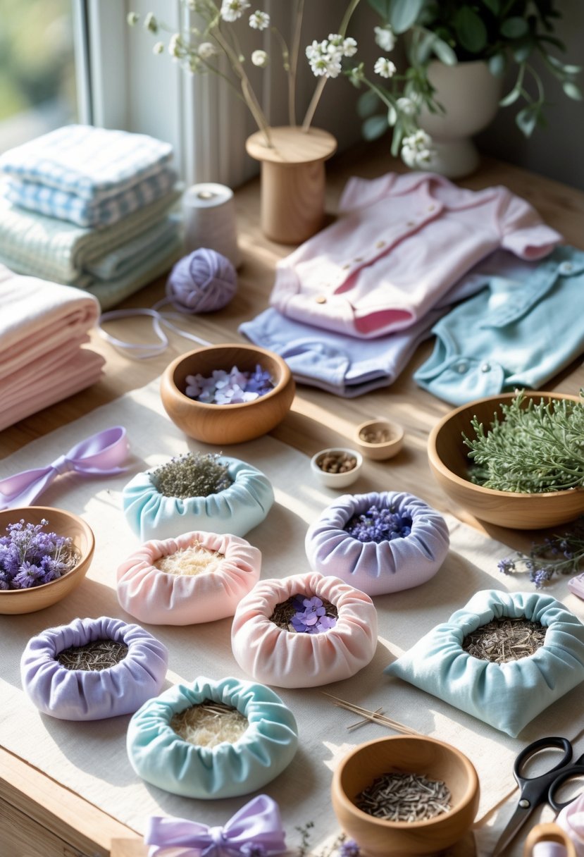 A table with handmade scented sachets for baby clothes surrounded by crafting supplies and folded baby clothes.