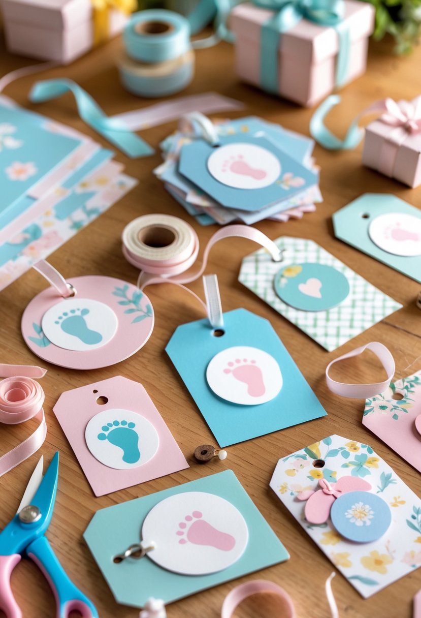 A table with custom baby tags and craft supplies arranged for making baby shower decorations.